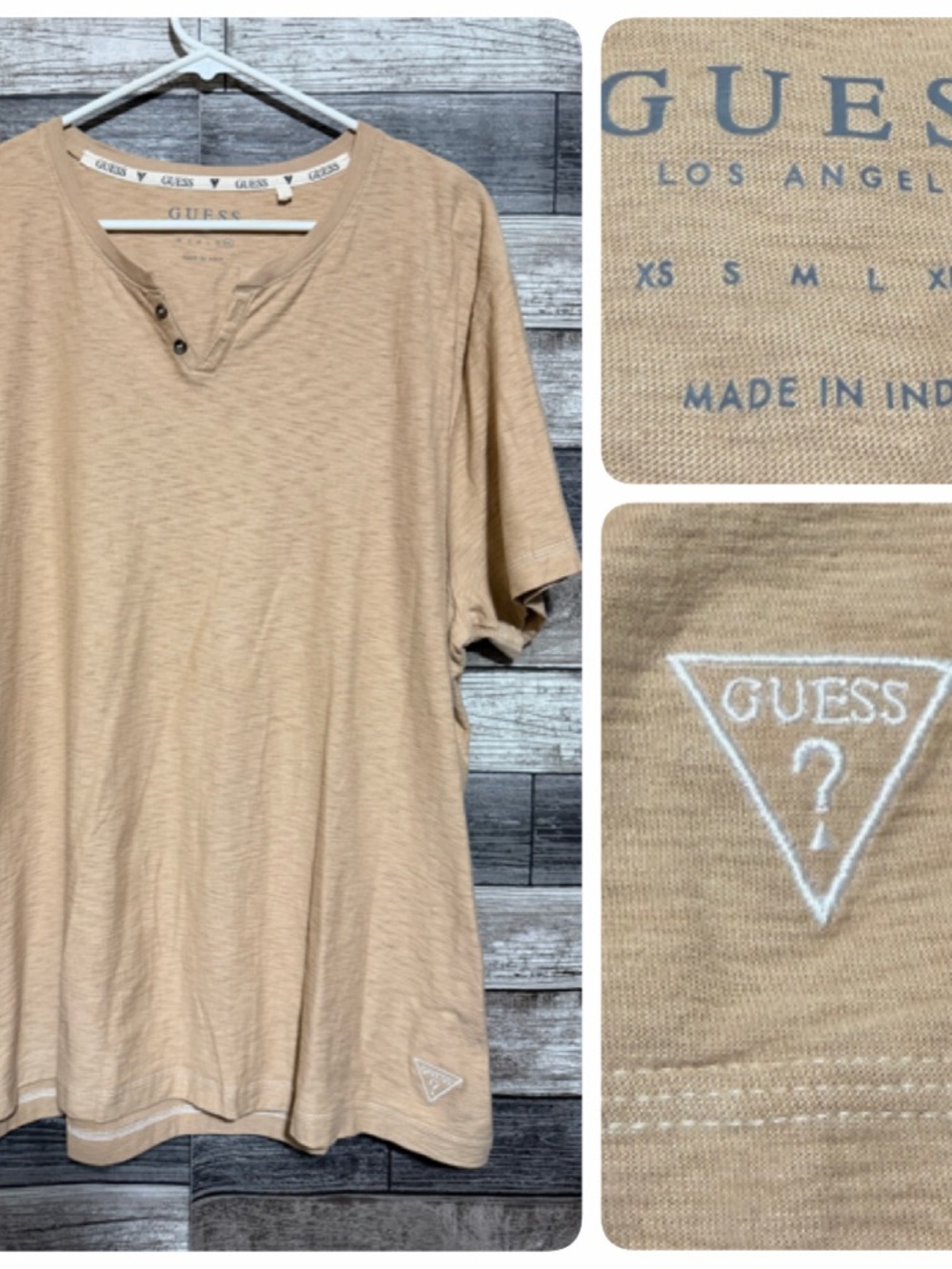 Guess Henley T Shirt Men’s XXL Tan Short Sleeve Embroidered